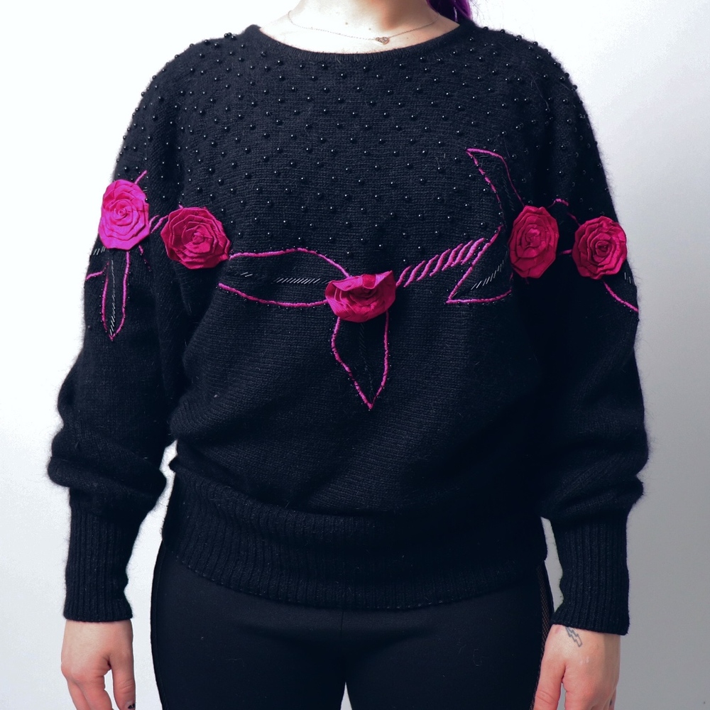 1980s Vintage Beaded Pink Rose Embellished Sweater
